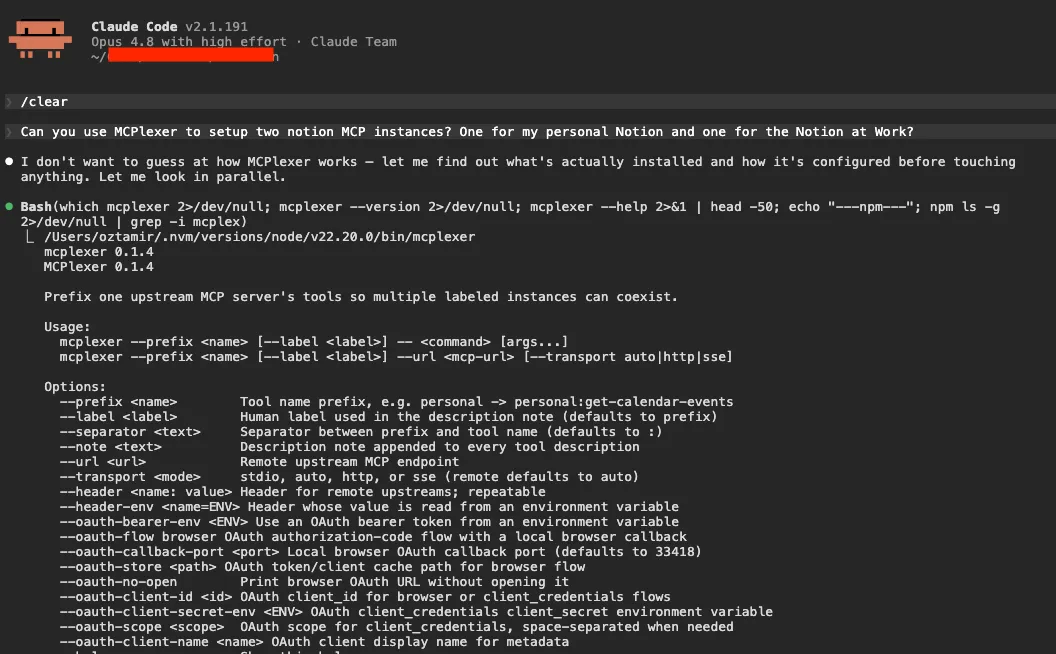 Claude Code being asked to set up two Notion MCP instances with MCPlexer, next to the mcplexer help output
