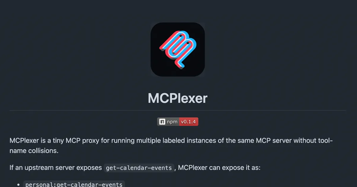 The MCPlexer logo, name, and npm version badge above the project tagline