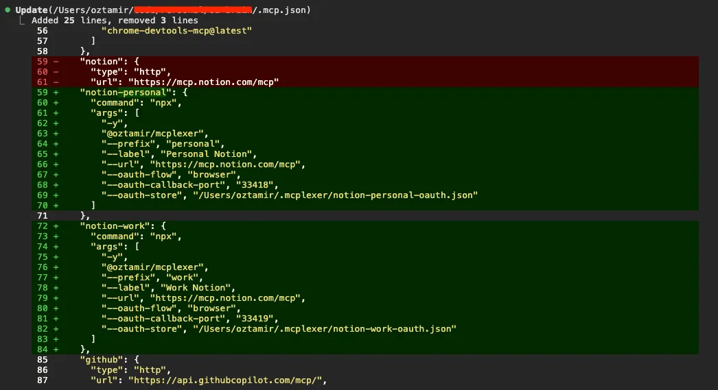 A .mcp.json diff that replaces one Notion server with separate notion-personal and notion-work instances running MCPlexer