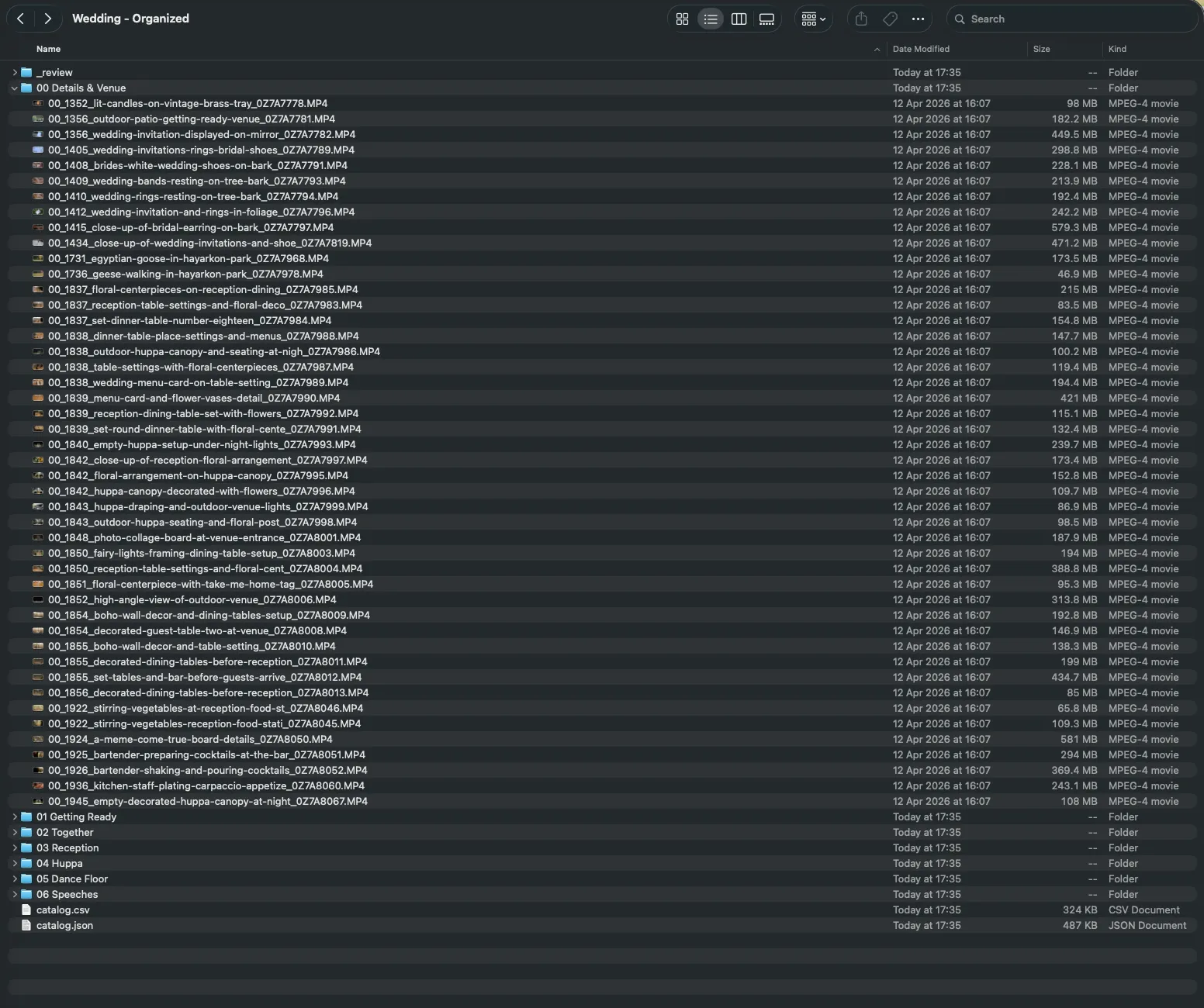 Finder showing the organized folder, with numbered bucket folders and descriptive filenames