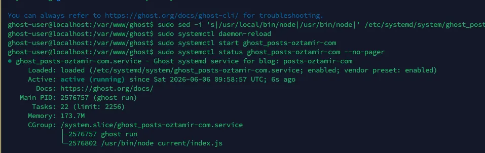 A terminal mid Ghost update: sudo systemctl commands and ghost service status showing the blog service active and running.