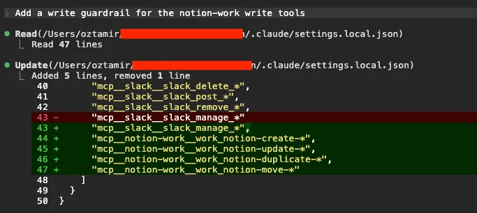 A settings.local.json diff adding deny rules for the work Notion account's create, update, duplicate, and move tools